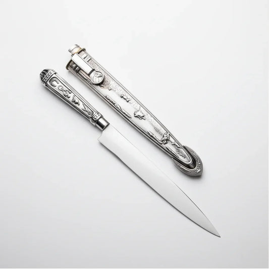 Faca Artesanal Relíquia Gaúcha Prateada 7" Aço 420C - Cabo Metal Bainha Decorada