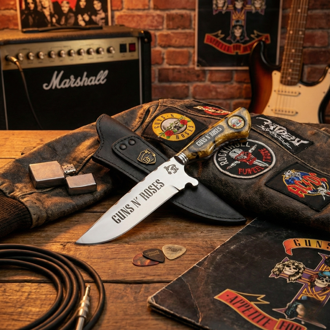 Faca Artesanal Guns N' Roses 8 Polegadas - Aço Inox com Bainha de Couro