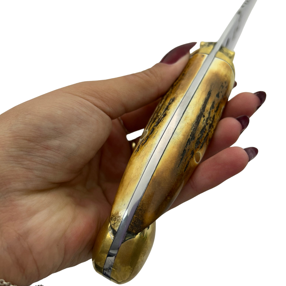 Faca Artesanal 7" - Lâmina 3mm - Cabo Chifre de Cervo Queimado - Guarda Javali Latão - Ponta Latão Dourado - 30cm Total