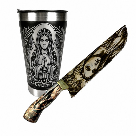 Kit Nossa Senhora - Faca Artesanal Full Tang + Copo Térmico com gravação a laser 360°