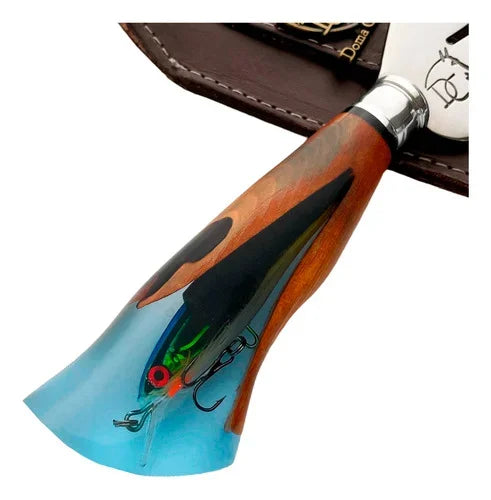 Faca de Churrasco Artesanal 8" Aço Inox Vazado Folha - Cabo Resina com Isca Peixe