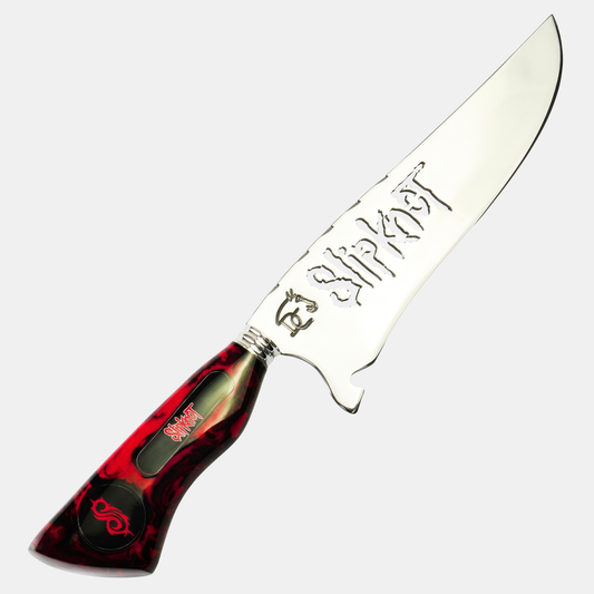 Faca Psychosocial Slipknot inteira com lâmina vazada e cabo de resina vermelho e preto