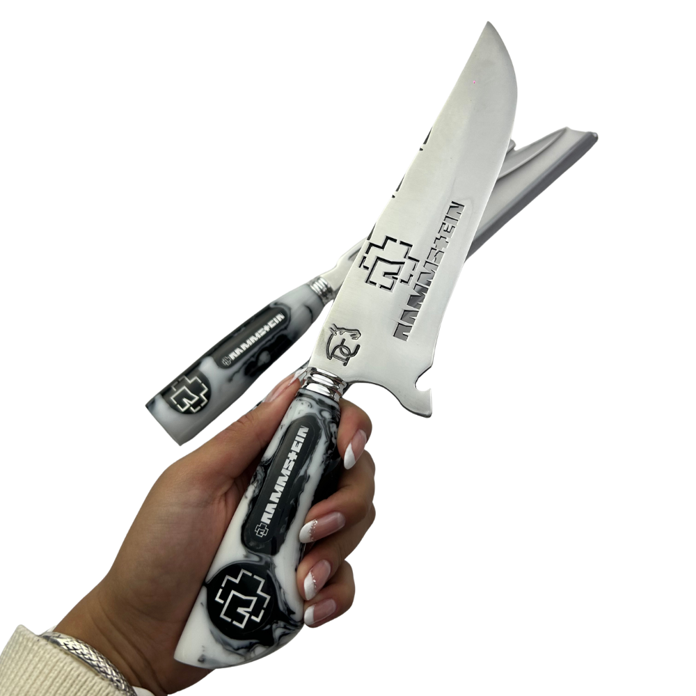 Kit Faca, Garfo e Chaira 8" Rammstein - Cabo Resina Personalizado - Industrial Metal