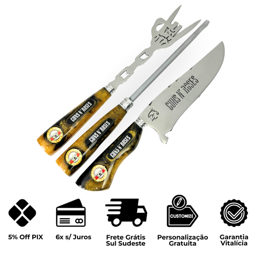 Kit Churrasco Faca, Garfo e Chaira 8" Guns N' Roses - Cabo Resina Personalizado