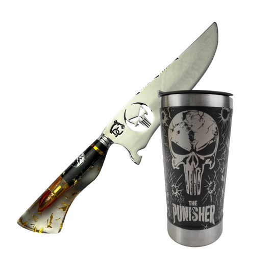 Kit Justiceiro – Faca 8" + Copo Térmico – The Punisher