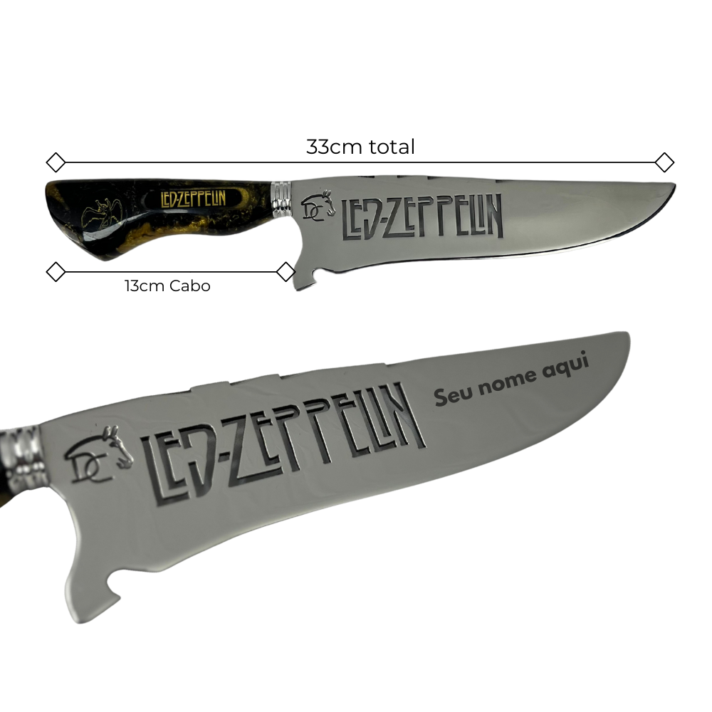 Faca Picanheira 8" Led Zeppelin - Cabo Resina Preta e Dourada