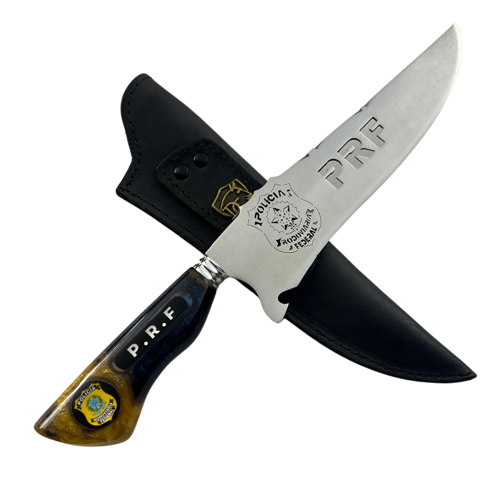 Faca Artesanal PRF - Polícia Rodoviária Federal - Cabo Resina - 33cm Total - Bainha Couro