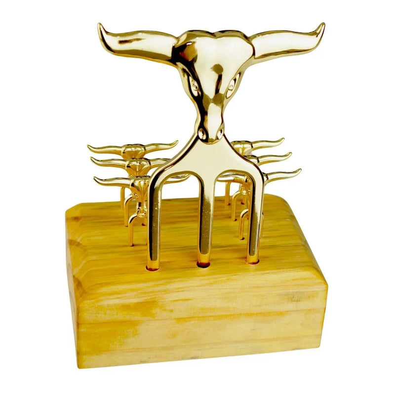 Kit Petisco Elegance - Garfo Tridente e 6 Garfinhos Dourados com Base Madeira