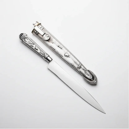 Faca Artesanal Relíquia Gaúcha Prateada 7" Aço 420C - Cabo Metal Bainha Decorada