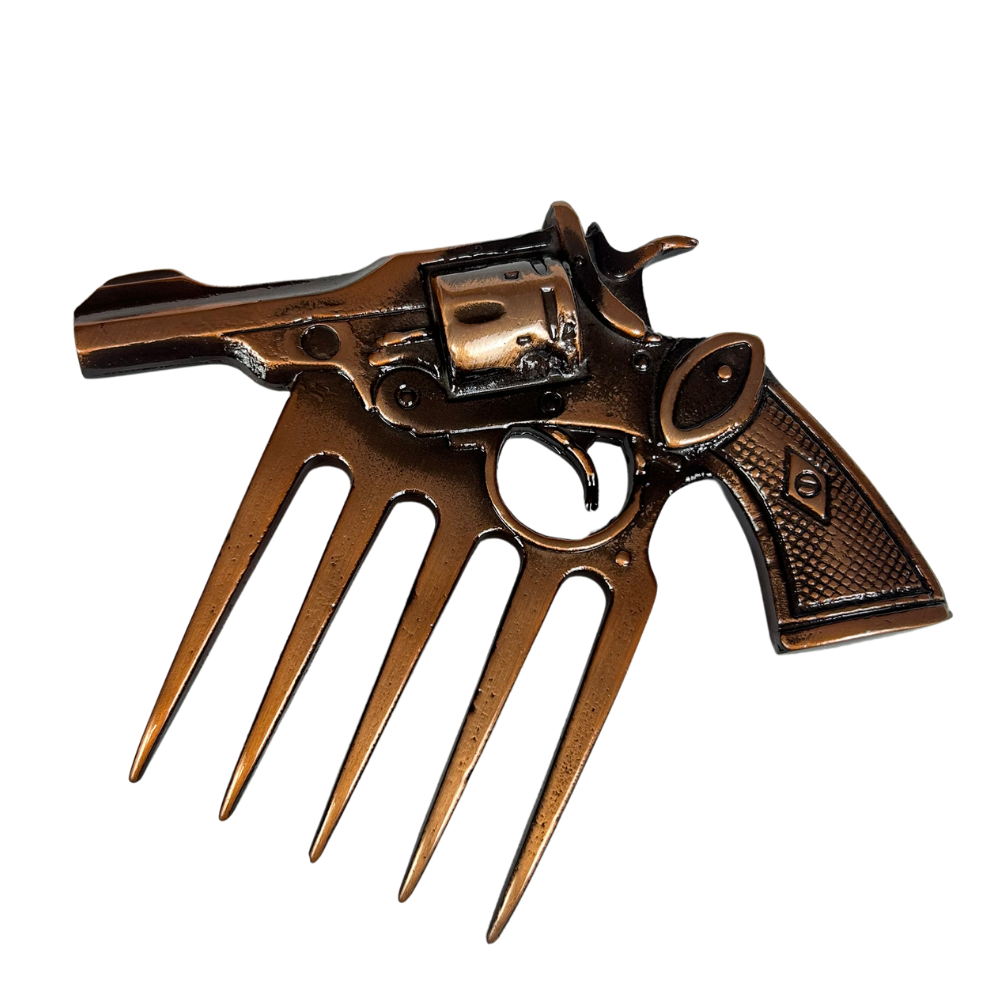 Garra em Formato de Arma Bronze com Suporte - Acabamento Cobre Envelhecido - Base Madeira Preta