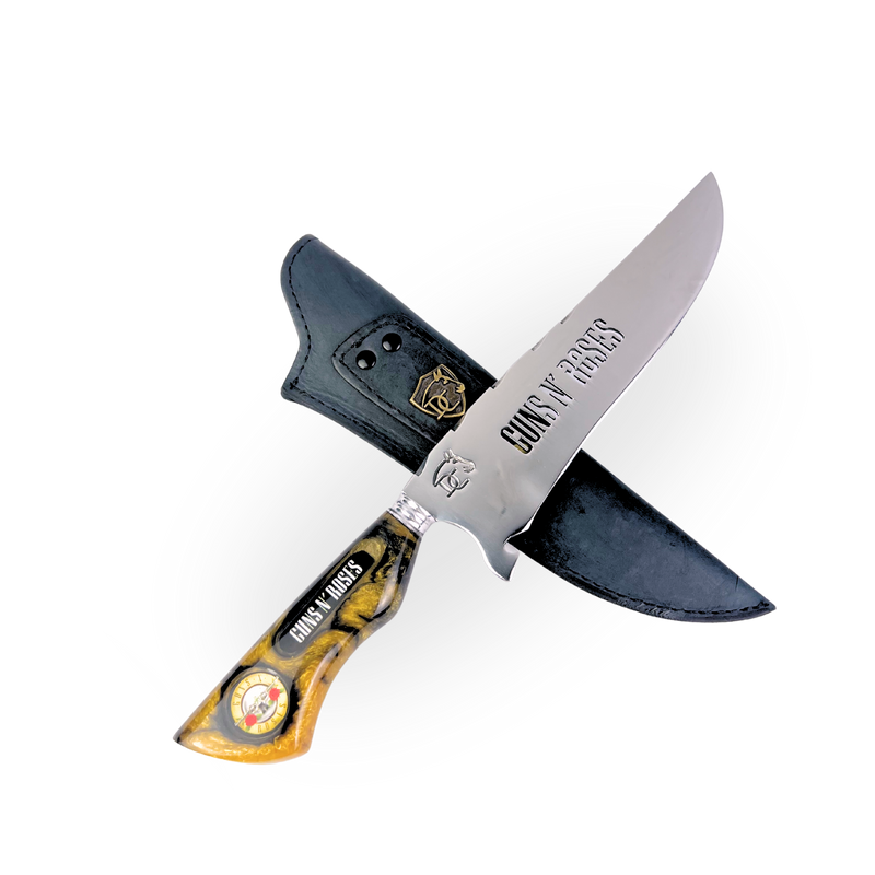 Faca Artesanal Guns N' Roses 8 Polegadas - Aço Inox com Bainha de Couro