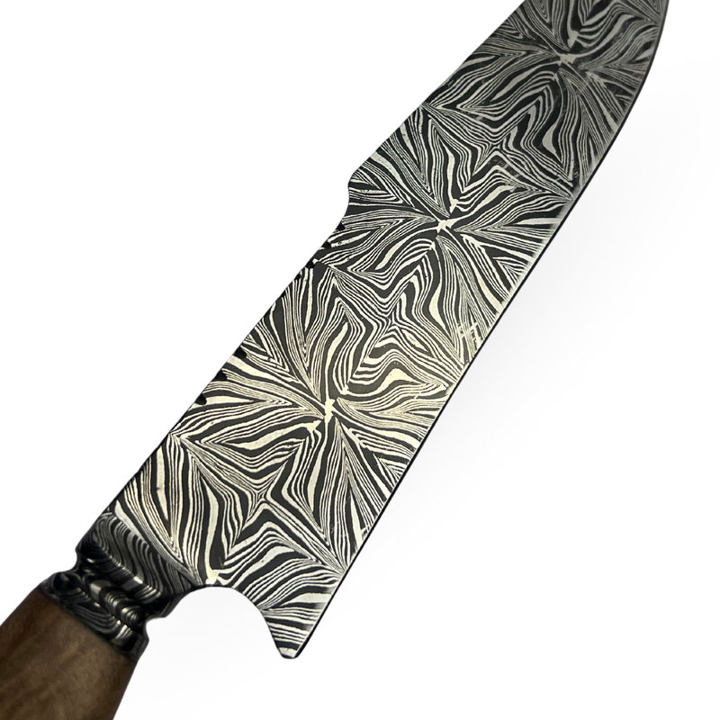 Faca Damasco Padrão Mosaico 8 Polegadas - Cabo Madeira Spalted - Peça Única Exclusiva