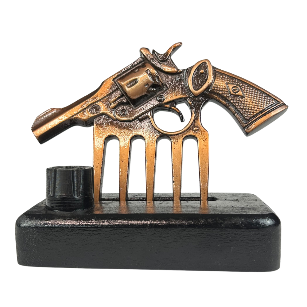 Garra em Formato de Arma Bronze com Suporte - Acabamento Cobre Envelhecido - Base Madeira Preta