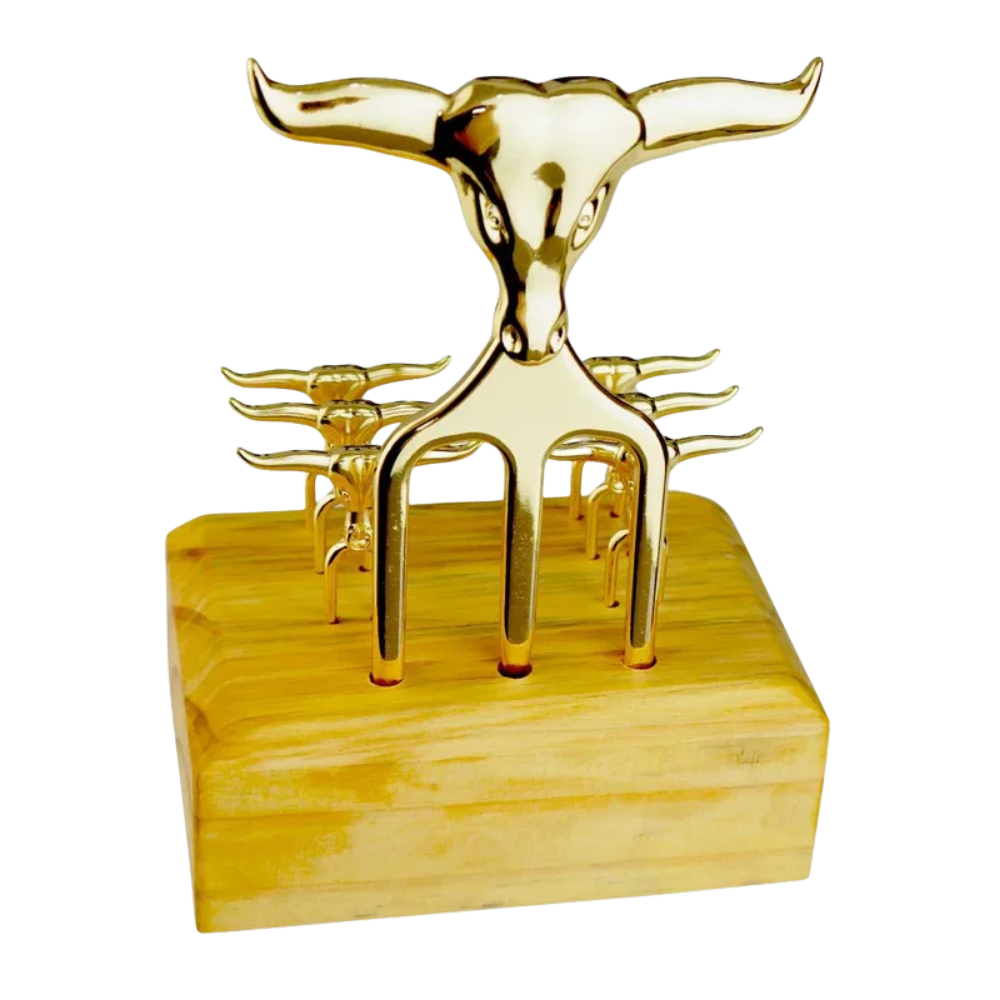 Kit Petisco Elegance - Garfo Tridente e 6 Garfinhos Dourados com Base Madeira