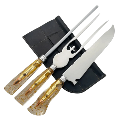 Kit Churrasco 3 Peças Gold - Faca 8" Garfo Chaira Cabo Resina Dourada