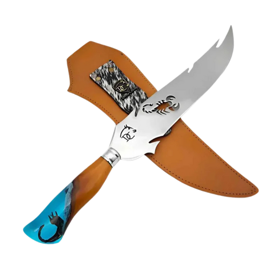 Faca Picanheira Escorpião Artesanal 10" Aço Inox Polido - Cabo Resina Artística Azul