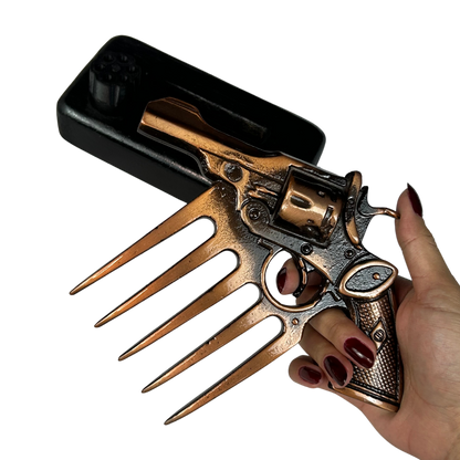 Garra em Formato de Arma Bronze com Suporte - Acabamento Cobre Envelhecido - Base Madeira Preta