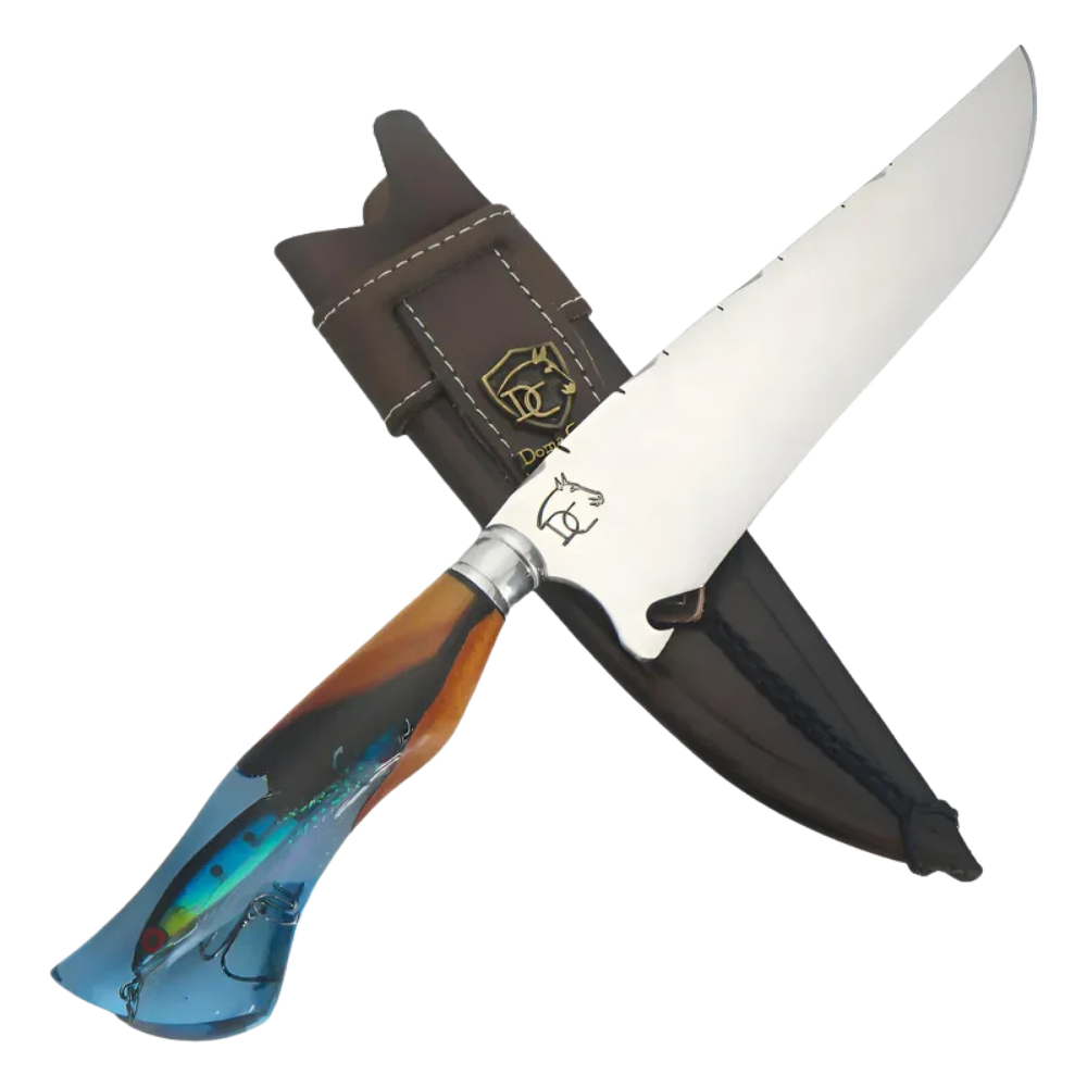 Faca Artesanal para Churrasco 8" Lâmina Lisa - Cutelaria Tema Pesca Aço Inox