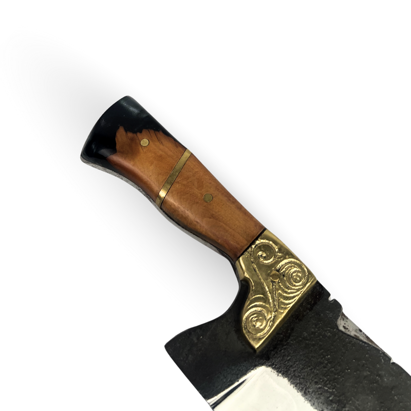 Faca Exclusiva Forjada Trilho de Trem 18 Polegadas - Cabo Madeira Nó de Pinho com Resina - Peça Única