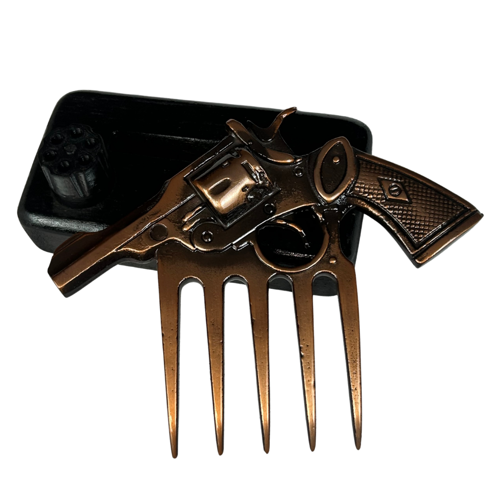 Garra em Formato de Arma Bronze com Suporte - Acabamento Cobre Envelhecido - Base Madeira Preta