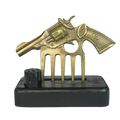 Garra em Formato de Arma Dourada com Suporte - Acabamento Ouro Envelhecido - Base Madeira Preta