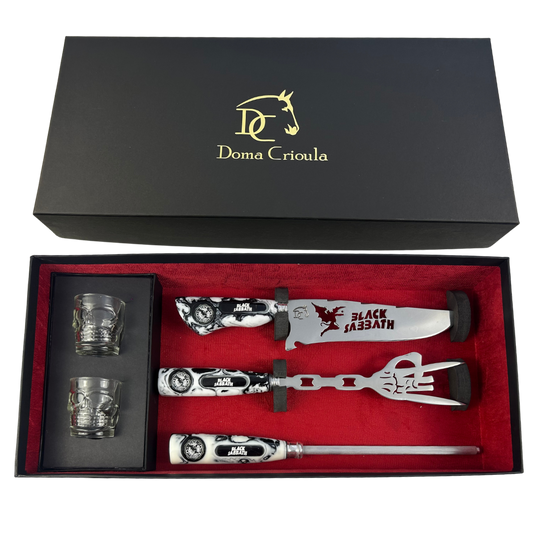 Kit Black Sabbath Premium - Faca 8", Garfo, Chaira e 2 Copos Caveira - Edição Especial
