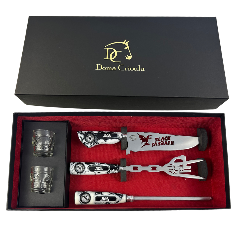 Kit Black Sabbath – Faca 8″, Garfo, Chaira e 2 Copos