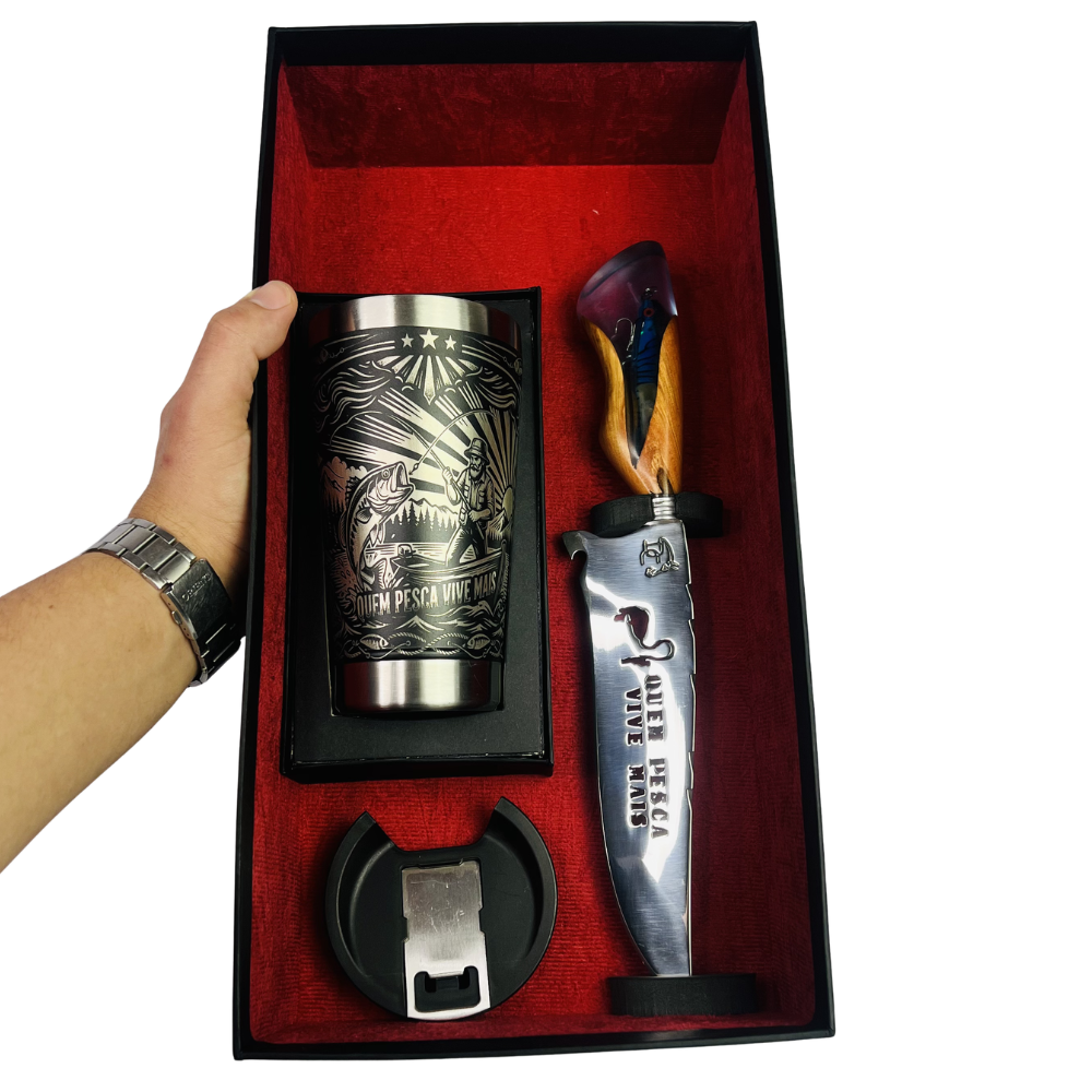 Kit Faca + Copo Térmico - Quem Pesca Vive Mais