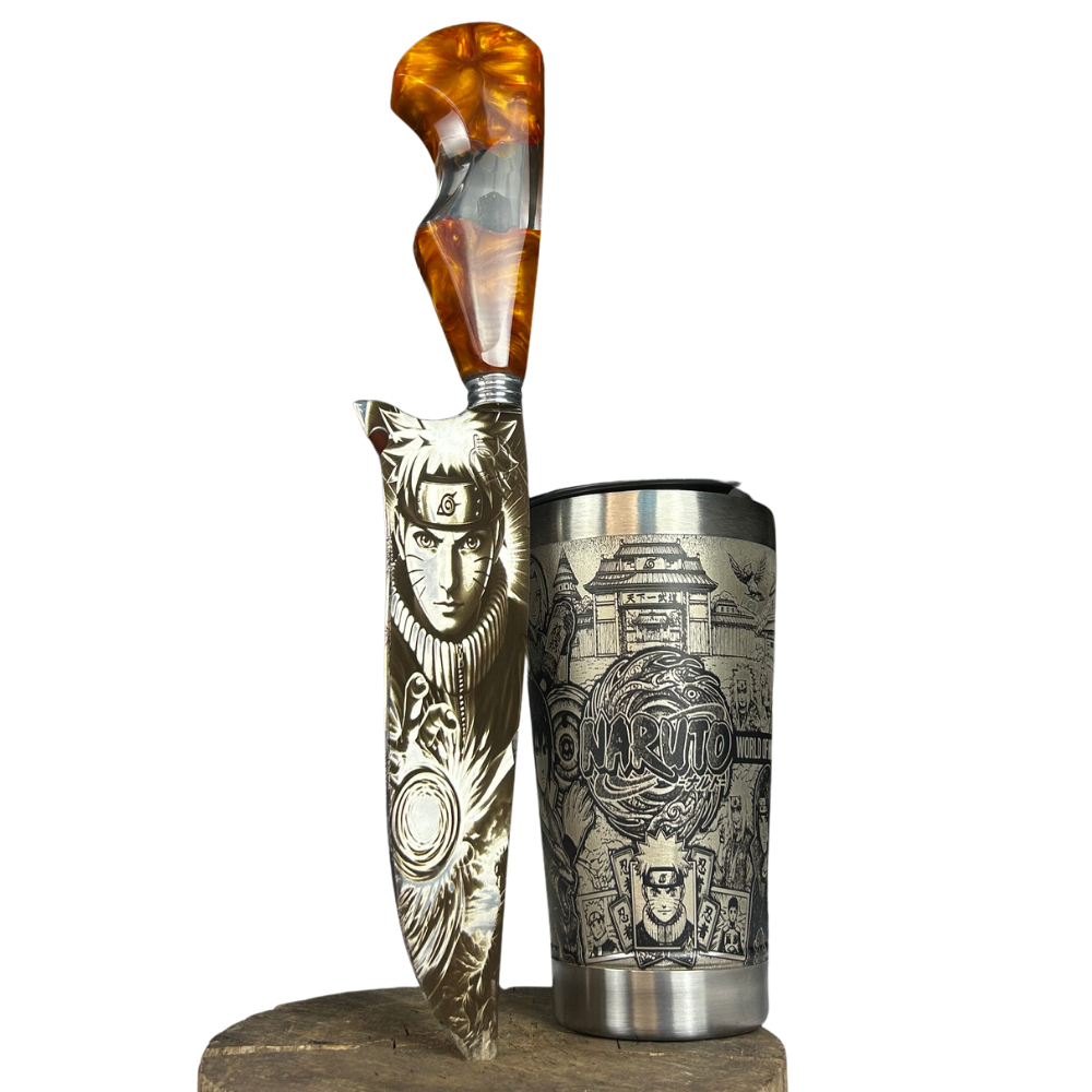 Kit Naruto - Faca 8" + Copo Térmico - Gravação a Laser 360° - Cabo Laranja Brilha no Escuro