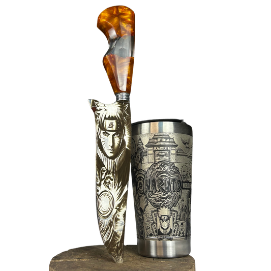 Kit Naruto - Faca 8" + Copo Térmico - Gravação a Laser 360° - Cabo Laranja Brilha no Escuro