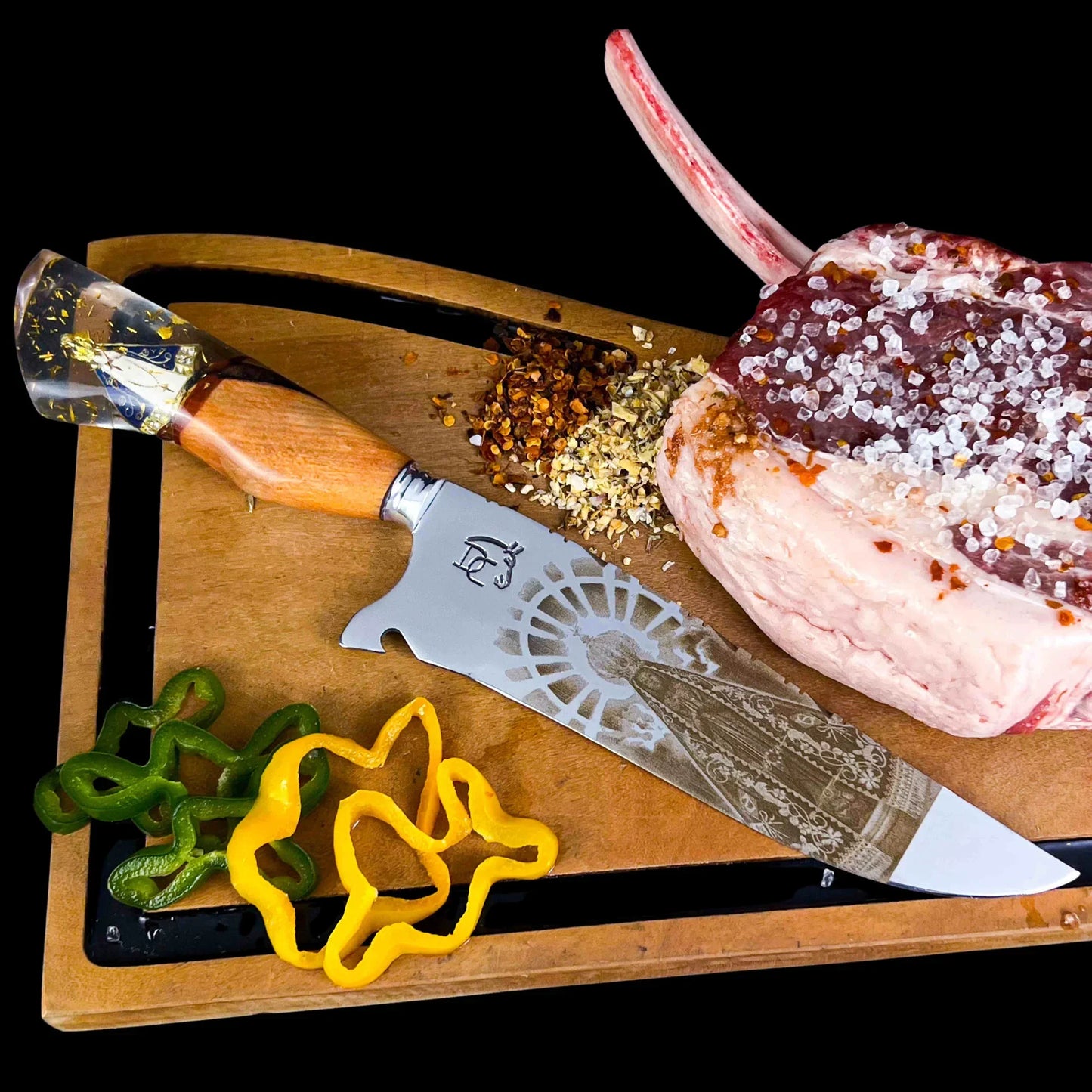 Faca de Churrasco Artesanal 10" Aço Inox 420C - Cabo Madeira Resina Dourada Fé Gaúcha