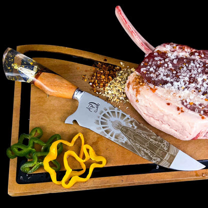 Faca de Churrasco Artesanal 10" Aço Inox 420C - Cabo Madeira Resina Dourada Fé Gaúcha