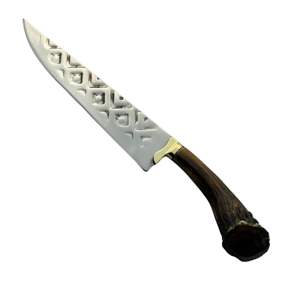 Faca Artesanal 11" - Lâmina Matrizada 3mm - Cabo Chifre de Cervo Legítimo Queimado - Guarda Latão Dourado - 33cm Total