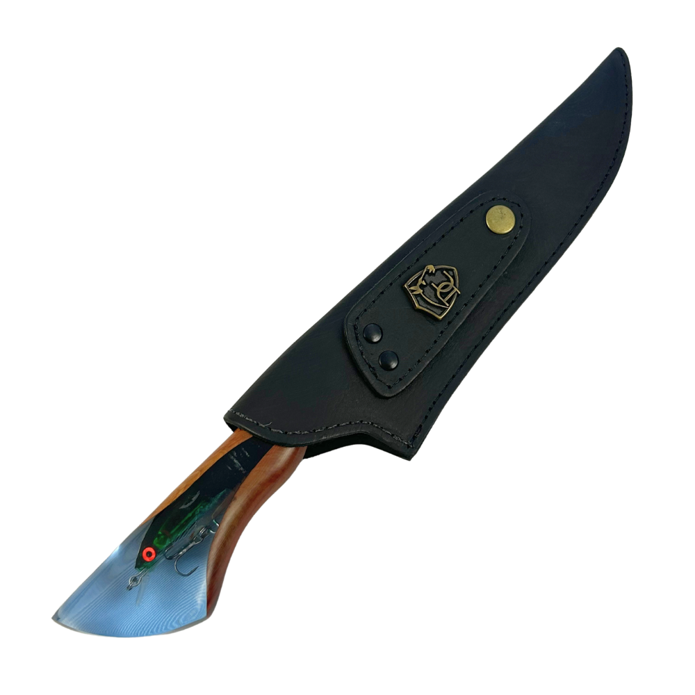 Faca Artesanal 8" Pesca - Gravação Laser Cena de Pesca - Cabo Resina com Isca Embutida