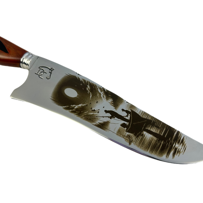 Faca Artesanal 8" Pesca - Gravação Laser Cena de Pesca - Cabo Resina com Isca Embutida