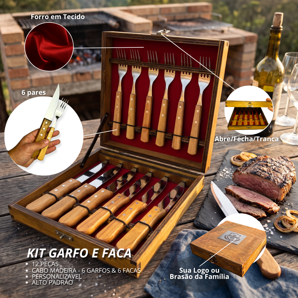 Kit Churrasco 12 Peças com Estojo de Madeira | 6 Facas + 6 Garfos
