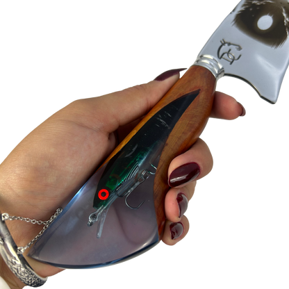 Faca Artesanal 8" Pesca - Gravação Laser Cena de Pesca - Cabo Resina com Isca Embutida