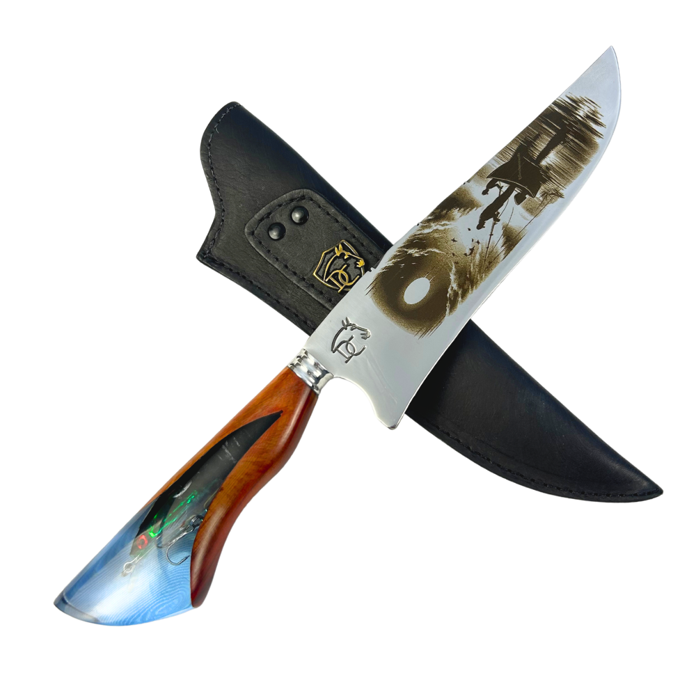 Faca Artesanal 8" Pesca - Gravação Laser Cena de Pesca - Cabo Resina com Isca Embutida