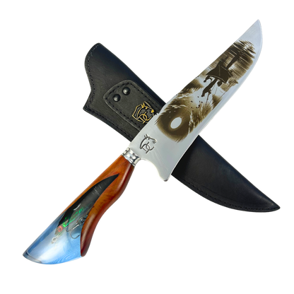 Faca Artesanal 8" Pesca - Gravação Laser Cena de Pesca - Cabo Resina com Isca Embutida