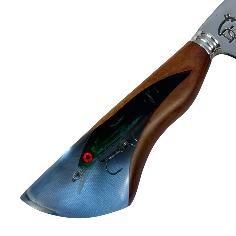 Faca Artesanal 8" Pesca - Gravação Laser Cena de Pesca - Cabo Resina com Isca Embutida