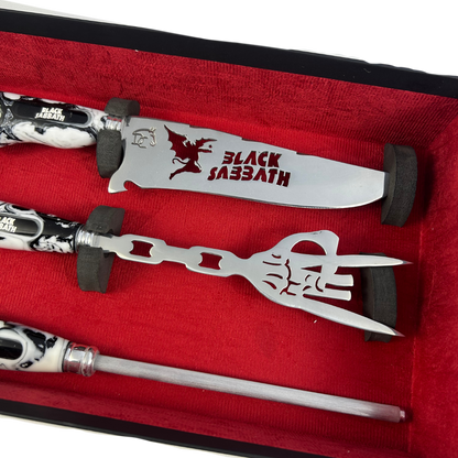 Kit Black Sabbath Premium - Faca 8", Garfo, Chaira e 2 Copos Caveira - Edição Especial