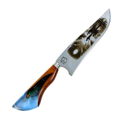 Faca Artesanal 8" Pesca - Gravação Laser Cena de Pesca - Cabo Resina com Isca Embutida
