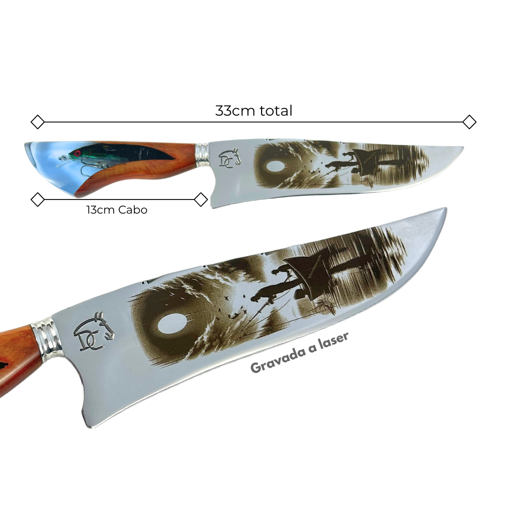Faca Artesanal 8" Pesca - Gravação Laser Cena de Pesca - Cabo Resina com Isca Embutida
