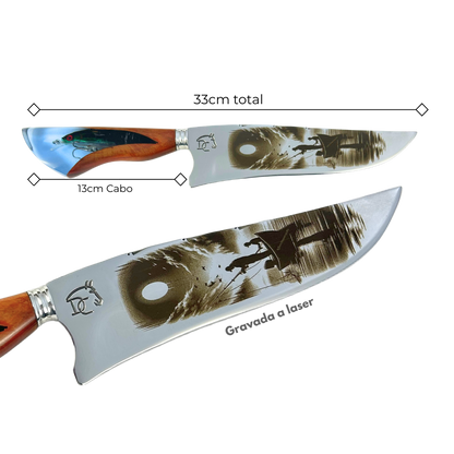 Faca Artesanal 8" Pesca - Gravação Laser Cena de Pesca - Cabo Resina com Isca Embutida