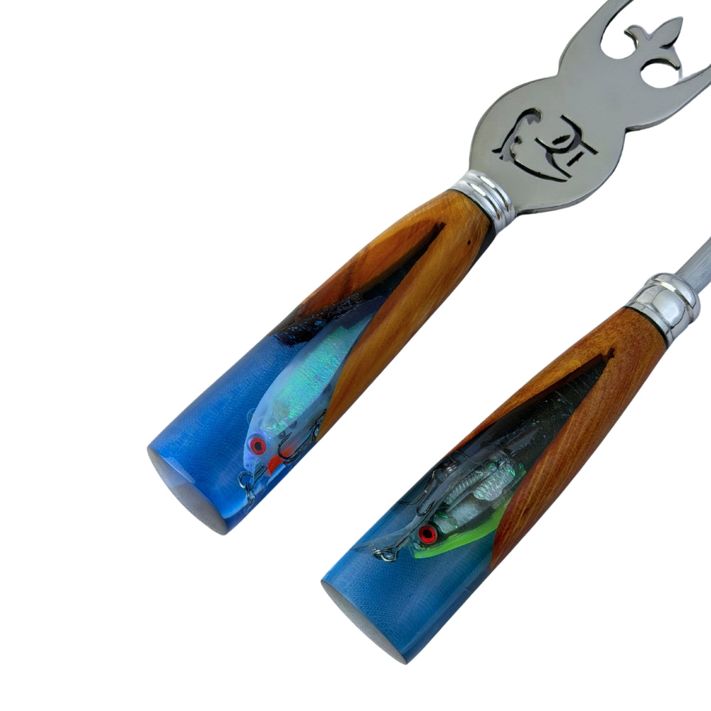 Kit Garfo e Chaira Pesca - detalhe cabos resina isca embutida
