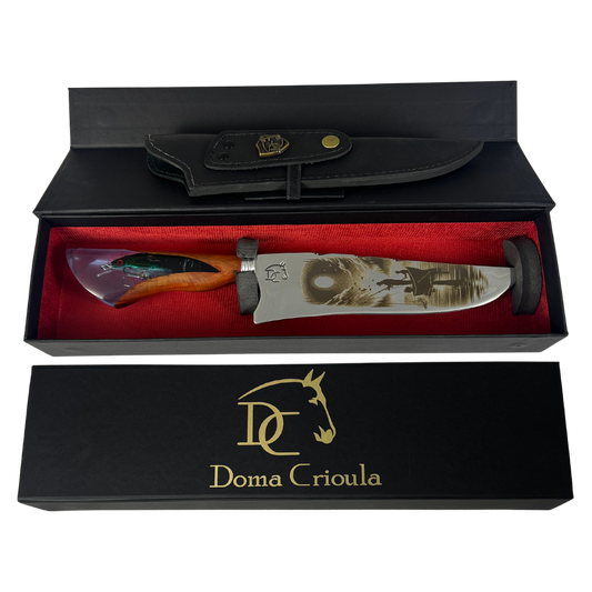 Faca Artesanal 8" Pesca - Gravação Laser Cena de Pesca - Cabo Resina com Isca Embutida