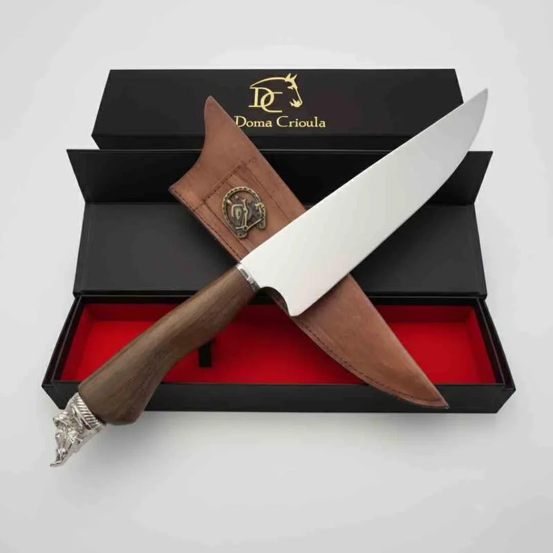 Faca de Churrasco Artesanal 8" Aço Inox Polido - Cabo Madeira com Pomo Javali