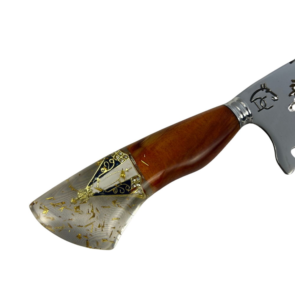 Faca Artesanal 8" Nossa Senhora Aparecida - Gravação a Laser - Cabo Madeira e Resina com Medalha Dourada