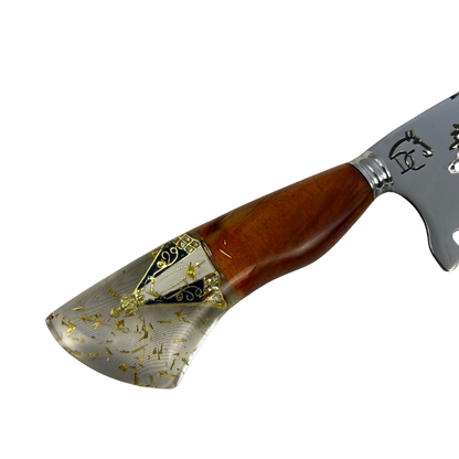 Faca Artesanal 8" Nossa Senhora Aparecida - Gravação a Laser - Cabo Madeira e Resina com Medalha Dourada