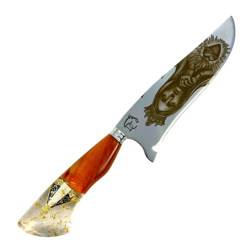 Faca Artesanal 8" Nossa Senhora Aparecida - Gravação a Laser - Cabo Madeira e Resina com Medalha Dourada